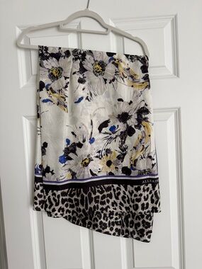 AllSaints Floral & Leopard Print Silk Scarf in White, Black, Blue, Yellow